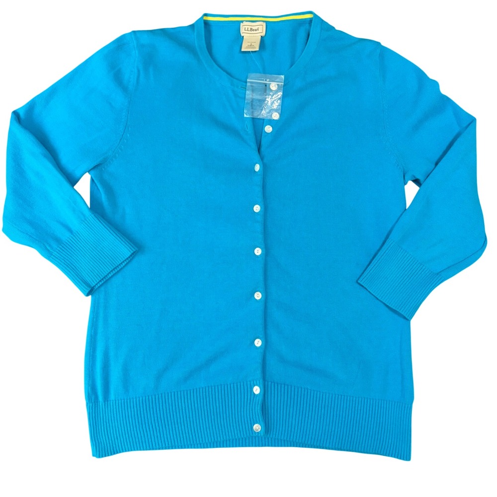 LL Bean‎ Button Front Knit Cardigan Sweater Cotton 3/4 Sleeve Blue Lightweight